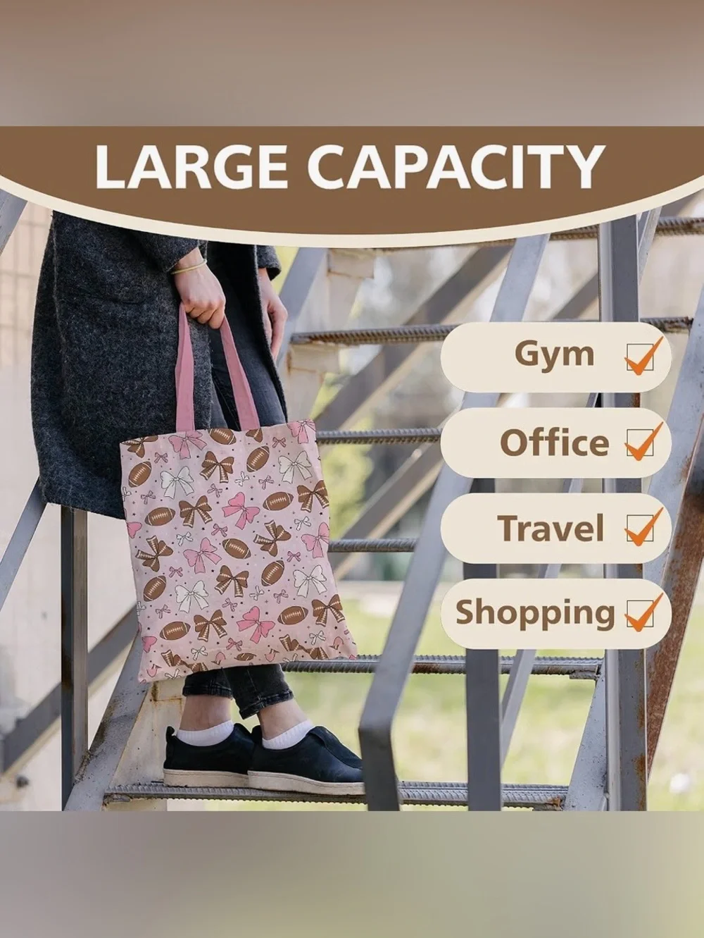 Pink Football & Bow Print Tote Bag